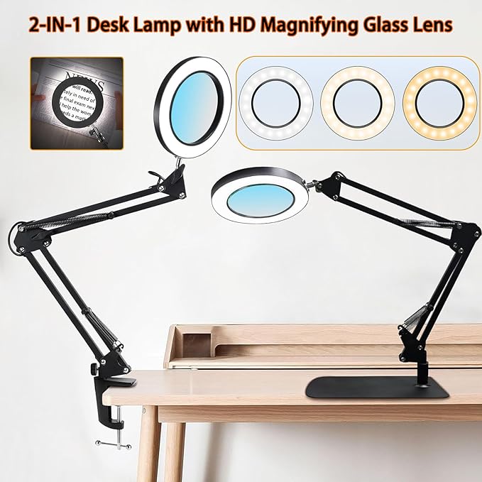 15X Magnifying Glass Lamp with Clamp and Stand, 72 LEDs Desk Lamp with 3 Color Temperatures and 10 Levels Adjustable Brightness for Diamond Art Accessories Hobbies Crafts Reading Close Work Magnifier-DeskLoop Office
