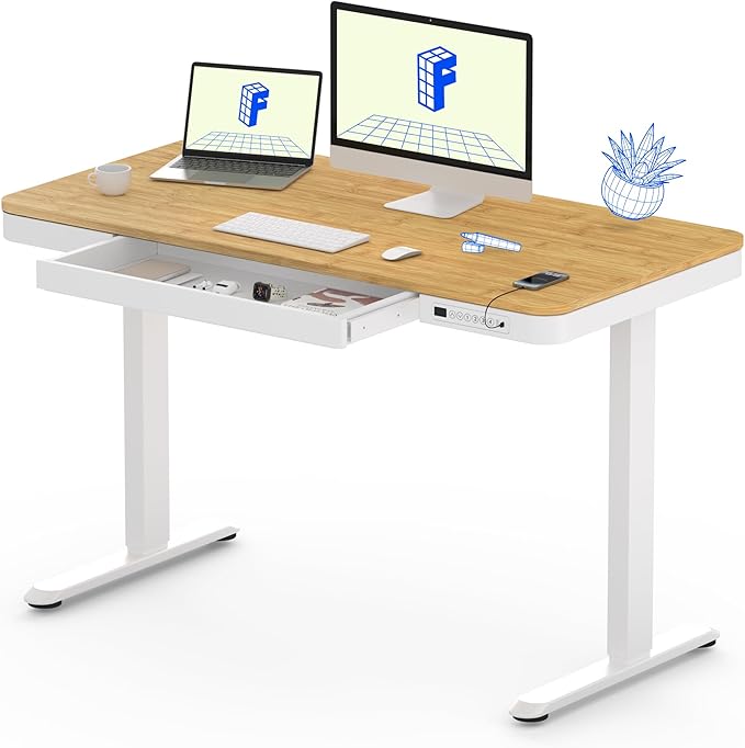 FLEXISPOT Comhar Electric Standing Desk with Drawer Desktop & Adjustable Frame w/USB Charge Ports (Bamboo Texture/White, Wood)-DeskLoop Office