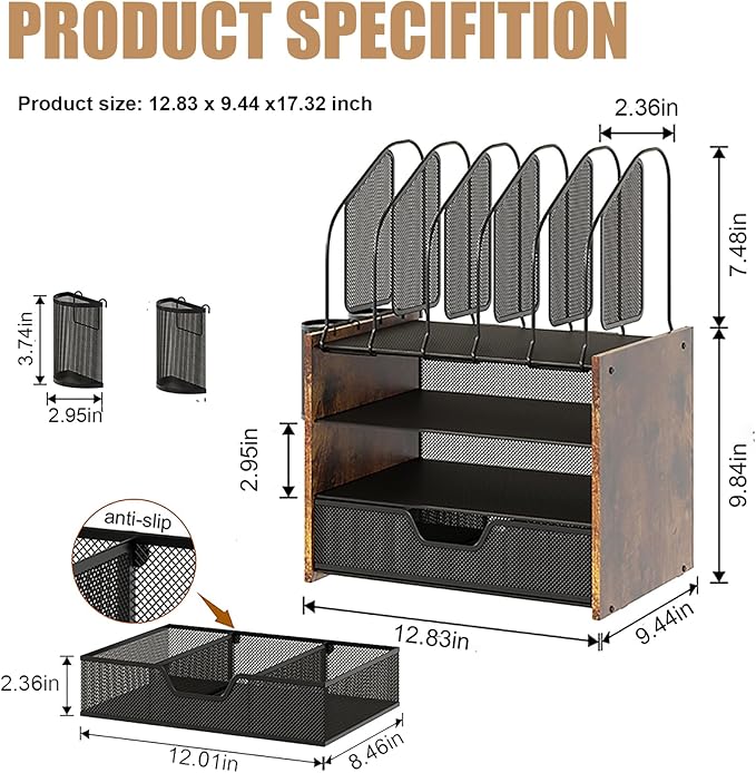 Wood Desk Organizer - 4-Tier Desktop File Organizer with Drawer, Wooden Paper Tray, Vertical File Holders & 2 Pencil Holders - Office Desk Organizer for Papers, Mail, Notebooks, Stationery-DeskLoop Office
