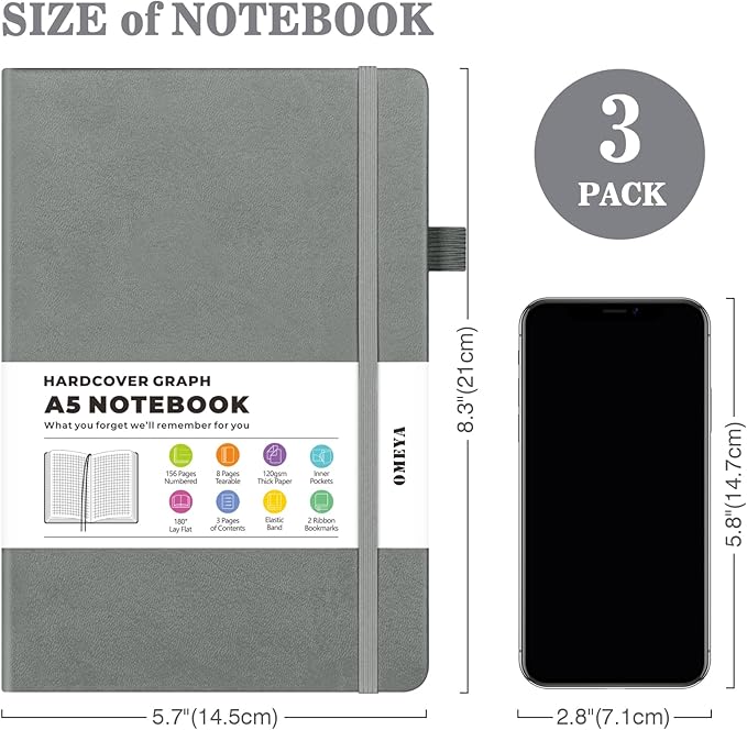 Graph Paper Notebook 3 Pack, A5 Grid Notebook Journal, Graph Notebook with 120gsm Paper, Hardcover Leather Journal for Writing, Grid Paper Notebook for Work, School Supplies, Engineering,5.75" x 8.38"-DeskLoop Office