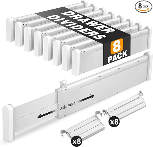 HiYZ Expandable Drawer Dividers with Inserts - Adjustable Drawer Organizers Separators for Kitchen, Bedroom, Dresser, Office, 8 Long Dividers(12.6-22.8 IN) with 16 Inserts(3.9-7.1 IN) - Gray-DeskLoop Office