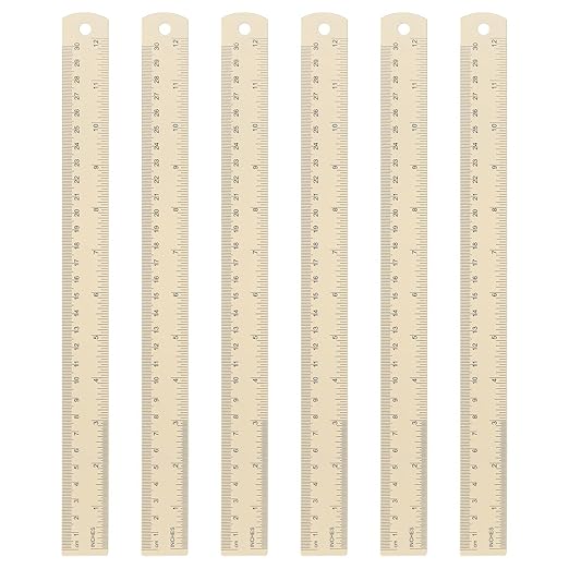 HARFINGTON 6pcs Metal Straight Ruler 30cm Metric SAE Aluminum Alloy Measuring Rulers Scale Tool with Hole for Measure Study Reading Classroom Office, Beige-DeskLoop Office