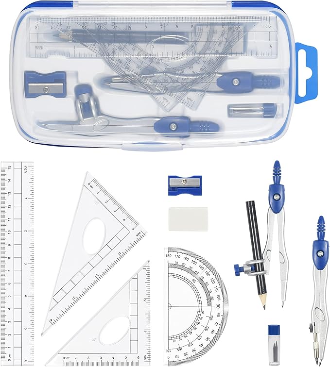 Math Geometry Kit Sets 10 Piece Student Supplies with Shatterproof Storage Box,Includes Rulers,Protractor,Compass,Eraser,Pencil Sharpener,Lead Refills,Pencil,for Drafting(Navy Blue)-DeskLoop Office