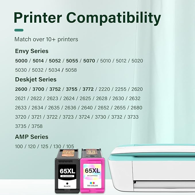 65XL 65 Ink Cartridges Black/Color Combo Pack Remanufactured Replacement for HP65 XL Black and Color for HP Envy 5055 5052 5000 DeskJet 3755 3772 3700 2600 3752 Printer (Black Tri-Color)-DeskLoop Office