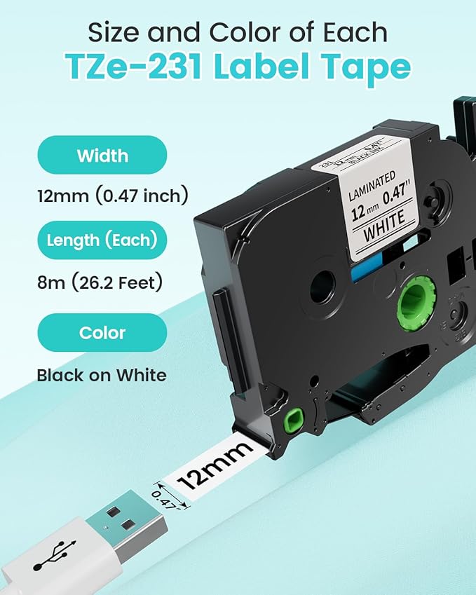 Airmall 12mm .47 Laminated White Tz Tape Compatible with Brother Label Maker Tape Refill TZe-231 TZe231 Replace for Brother P Touch D210 D200 D400 1280 1290 1880, Black on White 1/2 Inch, 5-Pack-DeskLoop Office