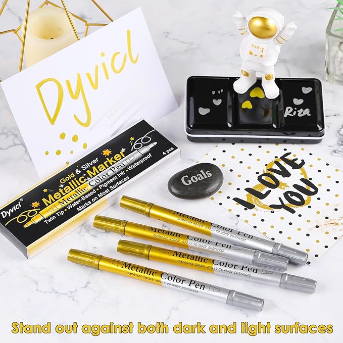 Dyvicl Metallic Marker Pens Dual Tip, Permanent Metallic Silver and Gold Paint Pens for Black Paper, Wine Glass, Rock Painting, Christmas Card Making, Scrapbook, DIY Art Crafts, Set of 4-DeskLoop Office