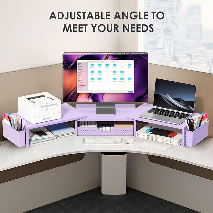 Purple Desk Organizers and Accessories, Dual Computer Monitor Stand Riser with Drawer and 2 Pen Holders, Office Desk Accessories, Workspace Desktop Organization for Office Supplies-DeskLoop Office
