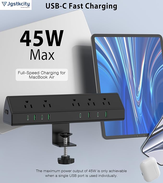 45W Fast Charging Station,Desk Clamp Power Strip,4 PD USB-C Ports,5 AC Outlets,Surge Protector Power Strip, 14AWG Heavy Duty Cord, Fits 1.9" Tabletop Edge (Black, 20 FT Cable)-DeskLoop Office