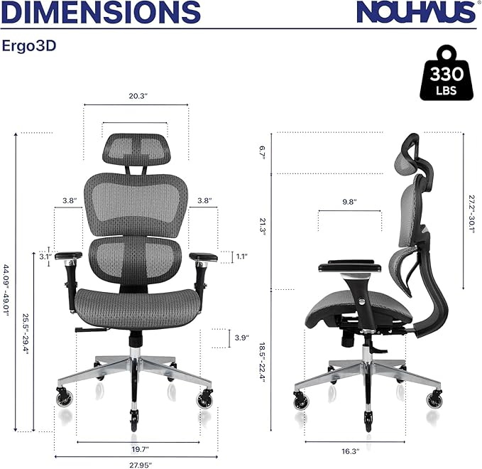 Nouhaus Ergo3D Ergonomic Office Chair Lumbar Support Mesh Office Chair with 4D Adjustable Armrest, Adjustable Headrest and Wheels, Mesh High Back Home Office Desk Chairs (Grey)-DeskLoop Office