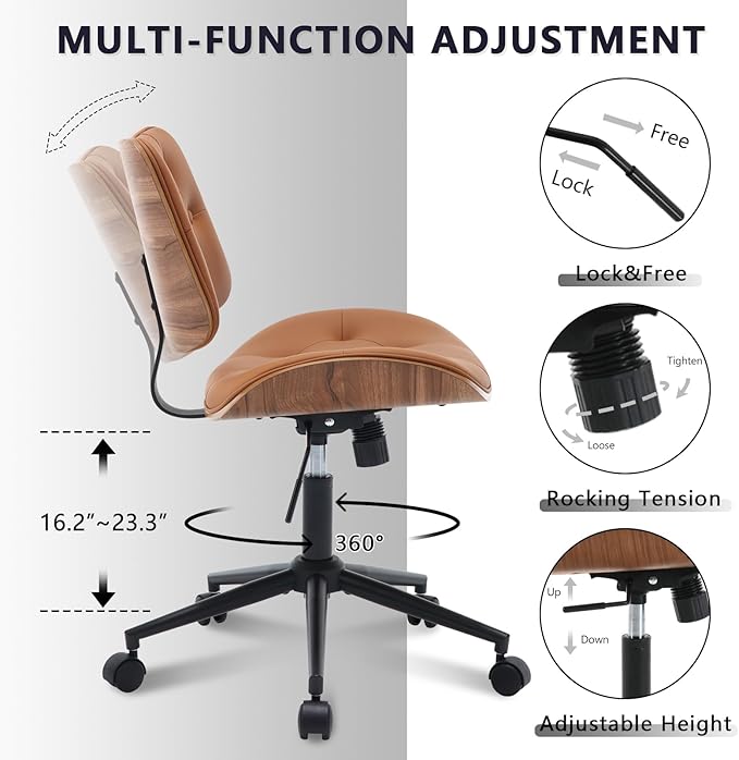 Armless Home Office Chair with Wheels, PU Leather Adjustable Height Computer Desk Chair, 360 Swivel Small No Arms Chair, Modern Button Walnut Style for Office, Reading Meeting Room(Brown)-DeskLoop Office