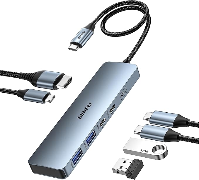 BENFEI USB C HUB 6-in-1 with HDMI(4K@60Hz), 100W Power Delivery, 10Gbps 2*USB-A and 2*USB-C, Silicone Cable, Aluminum Case Compatible with iPhone 15 Pro/Max, MacBook, iPad Pro, iMac, S23, XPS17-DeskLoop Office