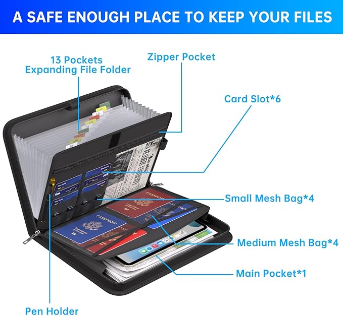 ENGPOW Accordion File Organizer,Fireproof Expanding File Folder with Multi Pockets,13 Pockets Document Organizer with Handle & Labels,Portable Home Travel Safe Storage for Letter A4 Files and More-DeskLoop Office