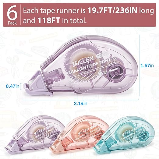 6 Pack Glue Tape, Double Sided Tape Roll for Crafts, Sticky Scrapbook Tape Runner, Scrapbooking Supplies for Crafting Photo Album Cards Journal School Office Gift Wrapping - 0.24IN x 20FT-DeskLoop Office