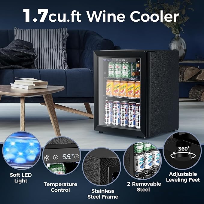 1.7 Cu.ft Beverage Refrigerator Cooler, 68 Can Mini Fridge Glass Door with Adjustable Shelves, Digital Temperature Display, Freestanding Small Drink Fridge for Home, Office or Bar(Black)-DeskLoop Office