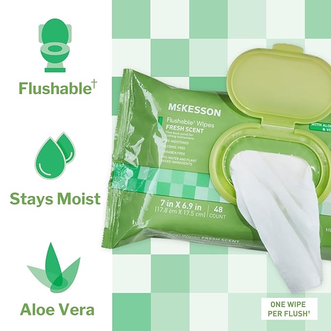 McKesson Flushable* Adult Wet Wipes – 576 Wipes (12 Pack of 48) – Aloe & Vitamin E, Plant-Based Cleansing Wipes, Scented-DeskLoop Office