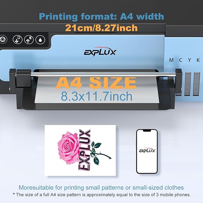 EXPLUX A4 DTF Printer,with XP600 printhead with Anti-Clogging Technology + 200% high Speed Printing,for DIY T-Shirt,Other Textiles,2-Year Ink Included-DeskLoop Office