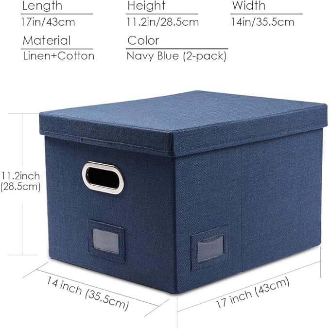 PRANDOM File Organizer Box - Set of 2 Collapsible Decorative Linen Filing Storage Hanging File Folders with Lids Office Cabinet Letter/Legal Size Navy Blue (17x14x11.2 inch)-DeskLoop Office