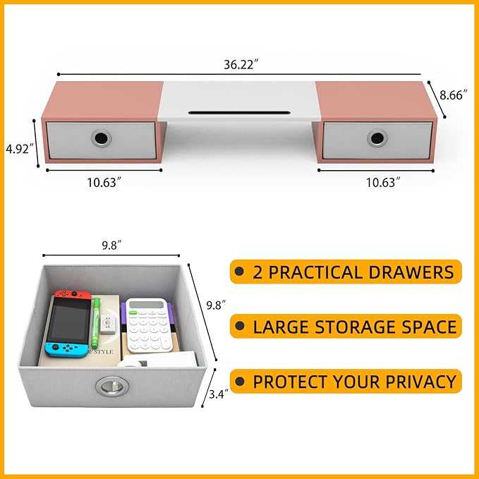 WESTREE Dual Monitor Stand Riser with Two Drawers, Extra Large Storage Monitor Stand for 2 Monitors, Desktop Oraganizer Stand for Computer,Laptop,Screen,Printer,TV-DeskLoop Office