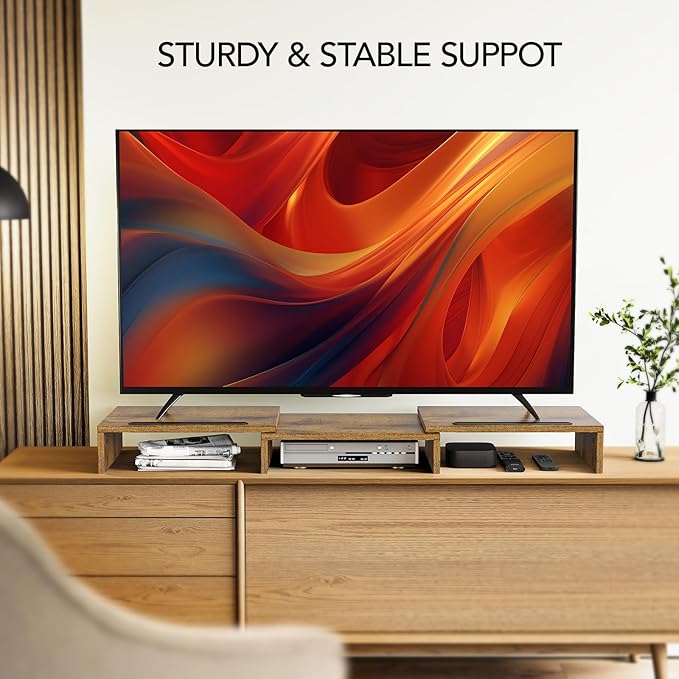 AMERIERGO Dual Monitor Stand Riser- 3 Shelf Screen Stand with Adjustable Length and Angle, 2 Extra Functional Slot Desktop Organizer Stand for PC, Computer, Laptop (Rustic Brown)-DeskLoop Office