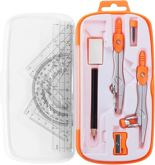 Math Geometry Kit Sets 10 Piece Student Supplies with Shatterproof Storage Box,Includes Rulers,Protractor,Compass,Eraser,Pencil Sharpener,Lead Refills,Pencil,for Drafting and Drawings(Orange)-DeskLoop Office