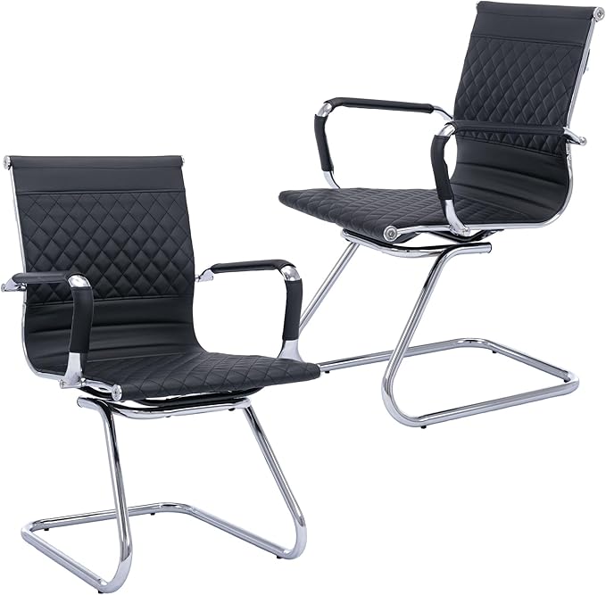 Office Guest Chairs - Reception, Waiting Room & Conference Room Set of 2 - Mid Back, Modern PU Leather Desk Chairs, Black-DeskLoop Office
