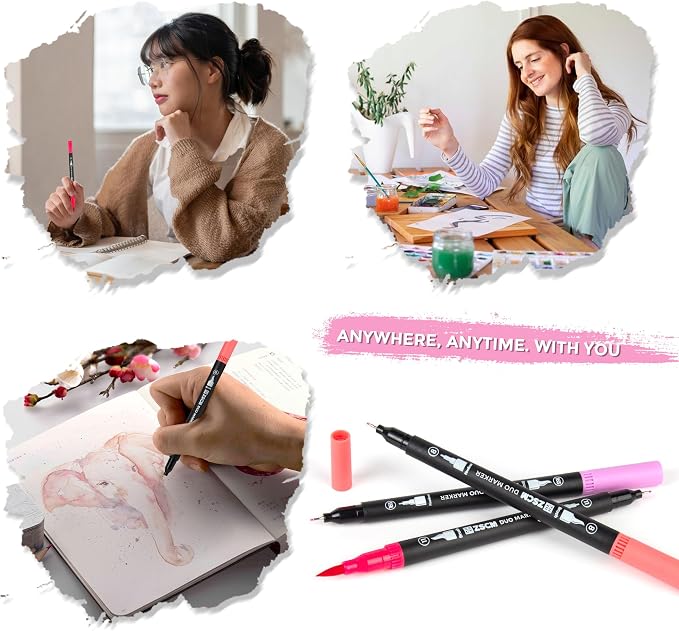 ZSCM Pink Duo Tip Marker Pens, 12 Pack Fine & Brush Markers - Image 7