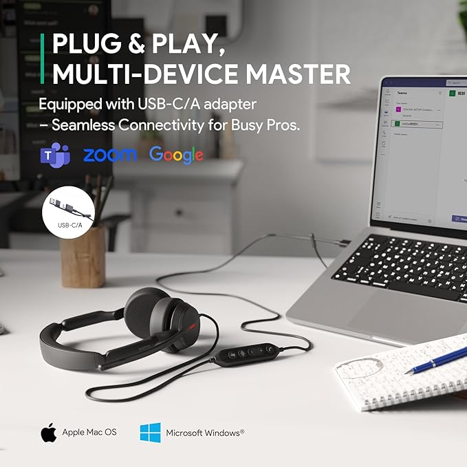 Yealink UH44 Teams Certified USB Wired Headset with 2 Noise Cancelling Mics,Stereo Sound for PC,Laptop,Teams,Zoom,Call Center,Home Office,Inline Controls,Comfort Ear Cushions,USB-C/A,Busylight-Black-DeskLoop Office