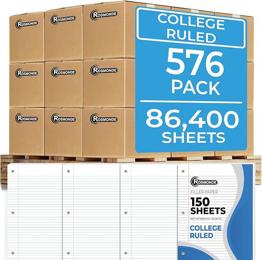 576 Pack (Pallet) Loose Leaf Paper Bulk, 86400 Sheets, College Ruled, Pallet of Filler Paper, 150 Sheets/Pack, 8 x 10.5",3 Hole Punched, 56 Gsm Thick Paper, School & Office, 4-7 Days Transit-DeskLoop Office