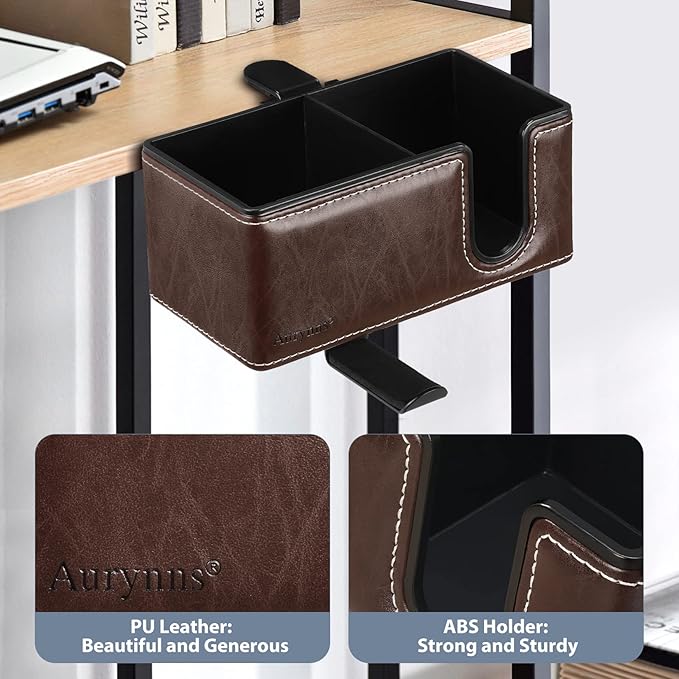 Desk Cup Holder Clip on Pen Holder Headphone Hanger Headset Stand Rotatable Clamp Hook Under Desk (Brown)-DeskLoop Office