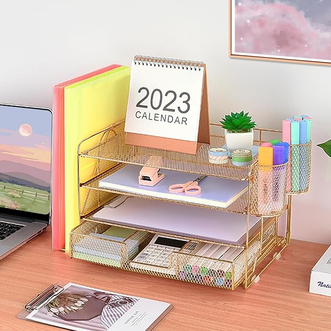 Desk Organizer and Accessories, 4-Tier Desktop File Organizer with Drawer and 2 Pen Holders, Office Desk Accessories for Office Supplies(Gold)-DeskLoop Office