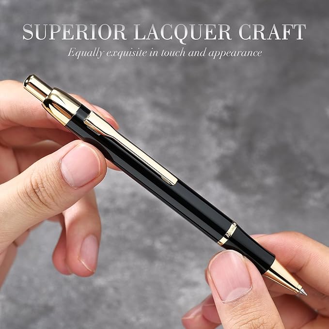 Black Gel Pen With 24K Gold Finish, Fine lacquer work, Best Men's And Women's Gift Pen Set, Professional, ADMOK Black Refill, Smooth Writing, Executive, Office, Click, Nice Retractable Pens-DeskLoop Office