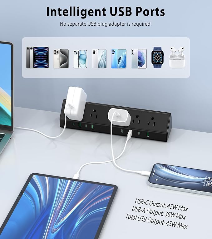 45W Fast Charging Station,Desk Clamp Power Strip,4 PD USB-C Ports,5 AC Outlets,Surge Protector Power Strip, 14AWG Heavy Duty Cord, Fits 1.9" Tabletop Edge (Black, 20 FT Cable)-DeskLoop Office