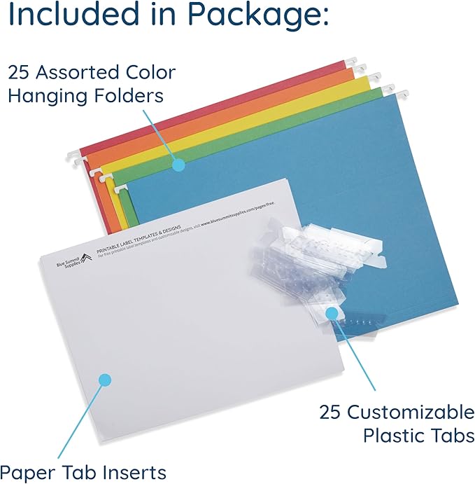 Blue Summit Supplies 25 Colored Hanging File Folders Letter Size with Tabs, Colored File Folders Hanging, Assorted Colors, Reinforced for Office Filing and Organization-DeskLoop Office