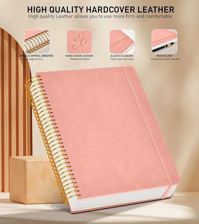 A4 Spiral Notebook Journal 8.5” x 11”, 256 Numbered Pages Hardcover Leather Journals for Women Men, Large Lined College Ruled Notebooks, 100GSM Thick Paper, Spiral Bound Journal for Work School, Pink-DeskLoop Office