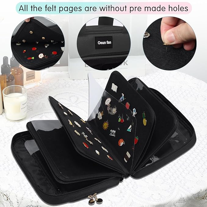 Enamel pin display bag, 8-page pin trading book, collectible pin board, suitable for storing pins, brooches, patches (black)-DeskLoop Office