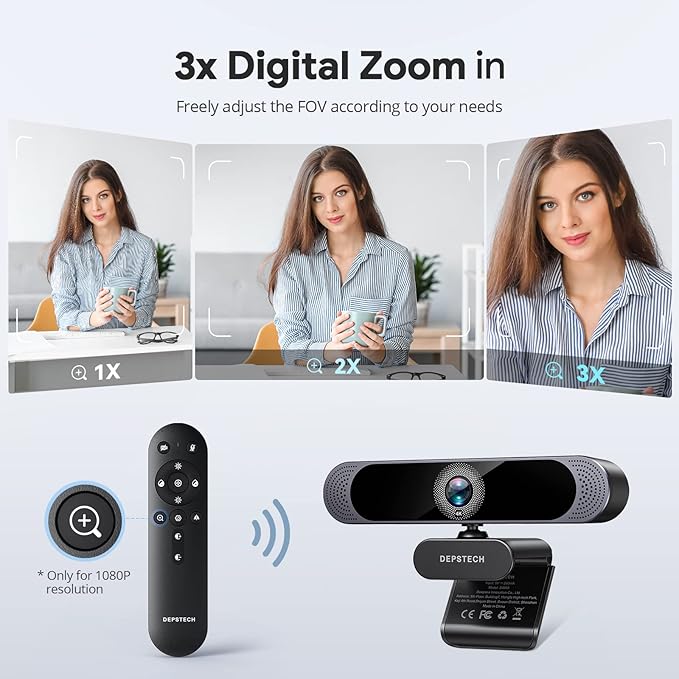 DEPSTECH 4K Webcam, Ultra HD 1/2.55'' Sony Sensor, 3X Digital Zoom, Dual Noise-Canceling Microphones, Remote Control, Auto Focus, Streaming Webcam for PC, Mac, Laptop, Video Call, Zoom, Skype, Teams-DeskLoop Office