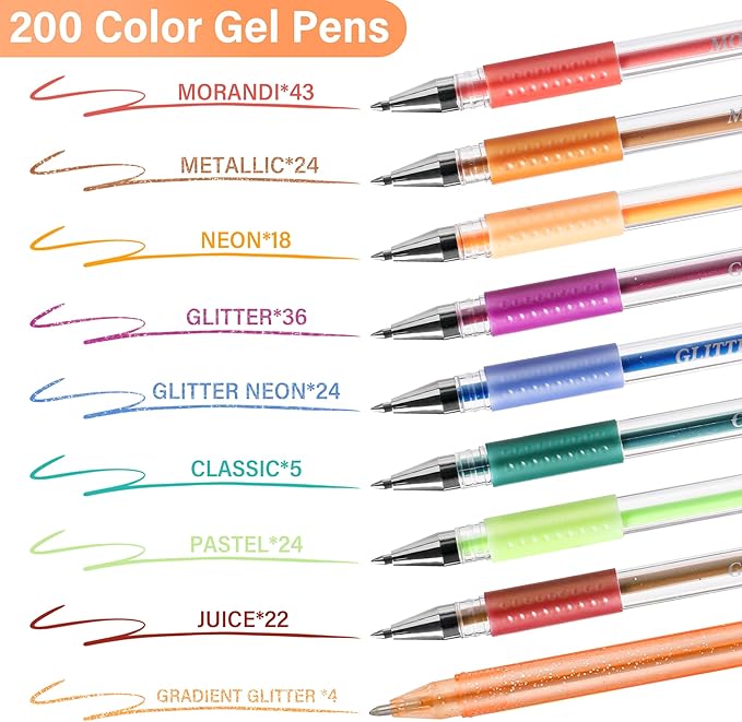 400 Pack Gel Pens for Adult Coloring Books, 200 Colored Gel Pen Include 200 Refills with 40% More Ink,Glitter Gel Pens Set for Coloring Books Drawing Journaling Scrapbook Art Supplies-DeskLoop Office
