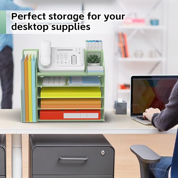 DocNest 5 Tier Paper Letter Tray File Organizer, Mesh Desk File with Handle, Workspace Desk Organizers with Pen Holder, Office Organization Storage Accessories - Green-DeskLoop Office