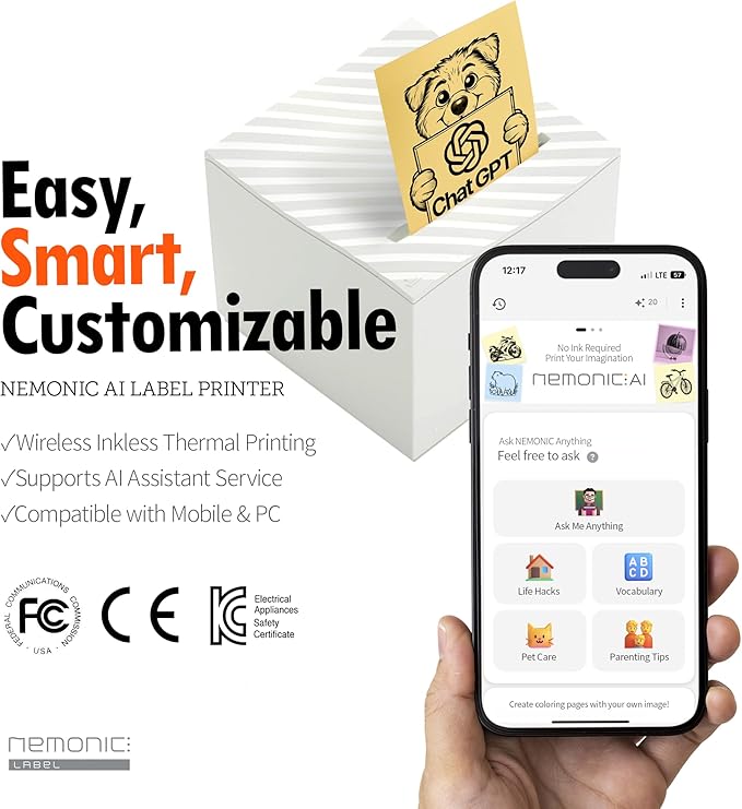 Nemonic AI | Label Printer | Sticky Note | Compatible with CHATGPT | Inkless Bluetooth Thermal Label Printer for Small Business | Portable Wireless-DeskLoop Office