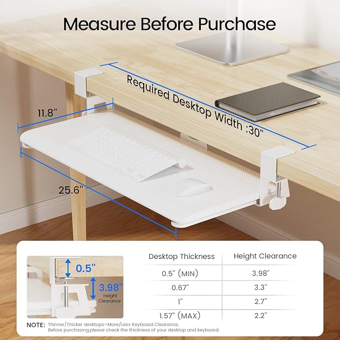 Large Keyboard Tray Under Desk Slide Out with Extra Sturdy C Clamp Mount System,26'' (30'' including Clamps) x11 Slide-Out Keyboard Drawer Under Desk for Typing,Keyboard Mouse Tray,White-DeskLoop Office