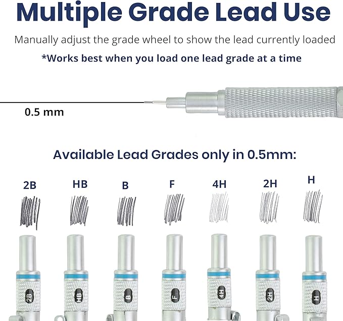 Pacific Arc Chromagraph Metal Mechanical Pencil .5 mm Silver Barrel Mechanical Pencil with Built In Lead Pencil Grade Indicator, Lead Pencil Holder for Drafting, Sketching, and Drawing-DeskLoop Office