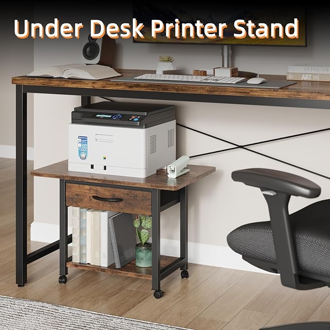 22"x15" Large Printer Stand with Storage Drawer, 2-Tier Under Desk Printer Table for Home Office, Printer Cart fit Fax Machine/3D Printer/Scanner(Brown)-DeskLoop Office