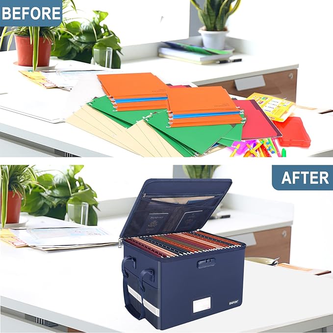 ENGPOW File Box with Lock, Fireproof Document Box with Pockets, Collapsible File Organizer Filing Storage Cabinet with Handle, Portable Home Office Safe for Hanging Letter/Legal Folders, Blue, 2 Pack-DeskLoop Office
