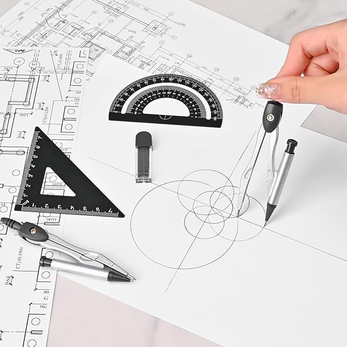 6 Pcs Metal Geometry Set, Math Geometry Kit, Metal Ruler Set and Compass Geometry Tool, Rulers Protractor and Compass Set for Student School and Drawings Supplies (Black)-DeskLoop Office