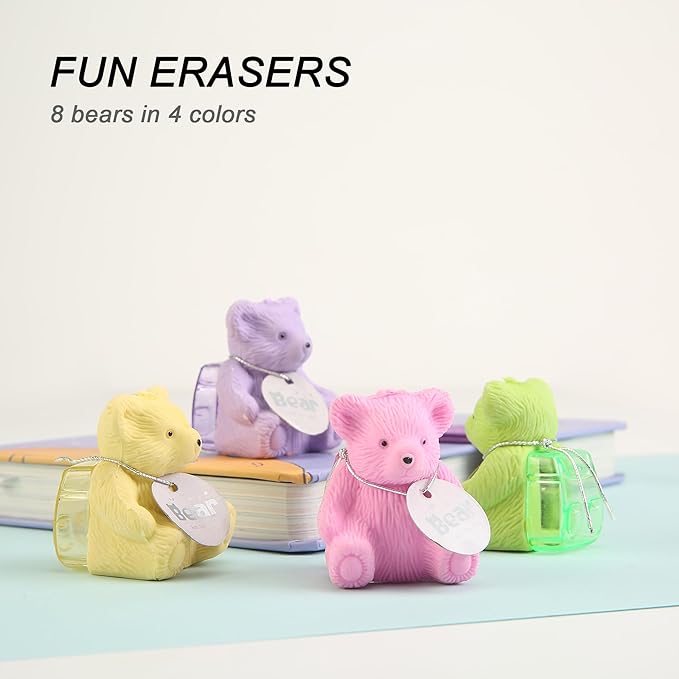 8Pcs Cute Backpack Bear Erasers Desk Pets for Kids, Kawaii Fun Animal Erasers with Pencil Sharpener for School Classroom Supplies Prize Gifts Party Favors-DeskLoop Office
