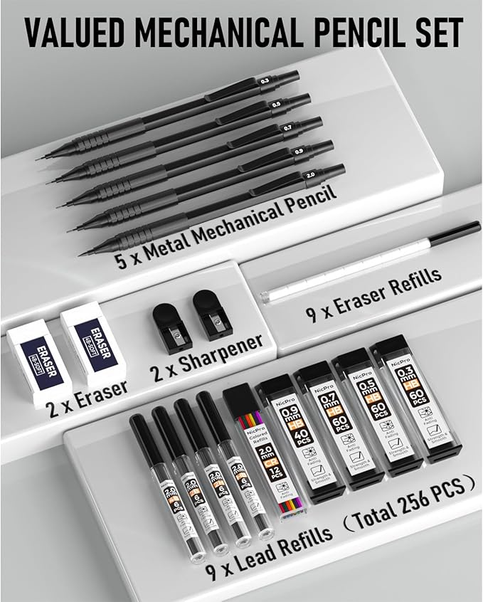 Nicpro Black Art Mechanical Pencil Set, 5PCS Metal Drafting Pencils 0.3, 0.5, 0.7, 0.9 mm & 2mm Graphite Lead Holder For Sketching Drawing With 9 Tubes (4B 2B HB 2H Colors) Lead Refills Erasers Case-DeskLoop Office