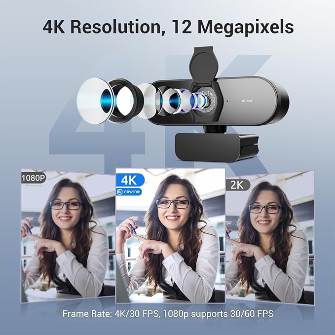 N newline 4K Webcam for PC, PDAF/CDAF Autofocus, 1080P@60FPS, 79° FOV, Auto Light Correction, 2 Noise Reduction Mics, Privacy Cover, USB-A, Streaming Camera for Skype, Teams, Online Meeting, NewEye 62-DeskLoop Office