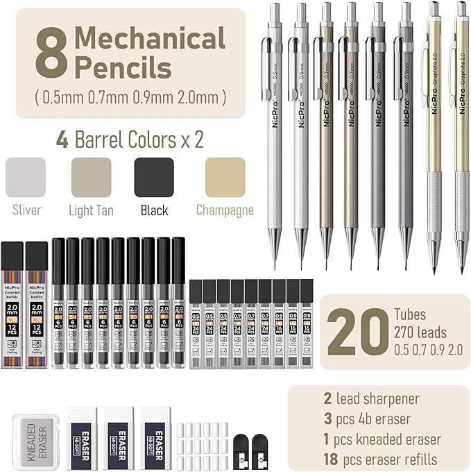 Nicpro 37PCS Art Mechanical Pencil Set, Metal Drafting Pencils 0.5 mm, 0.7 mm, 0.9 mm & 2mm Lead Pencil Holder (6B 4B 2B HB 2H 4H Colors) For Sketching Drawing With 20 Tube Lead Refills Eraser Case-DeskLoop Office