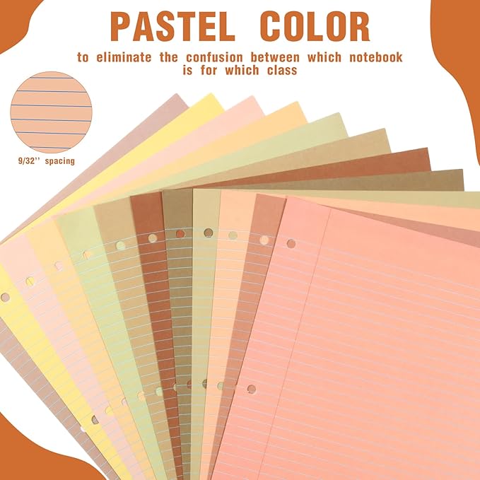 PerKoop 600 Sheets Colored Loose Leaf Paper 8.5" x 11" college ruled Lined 3 Hole Punched notebook Filler Paper for 3 Ring Binders Office School Supplies (Cute Color)-DeskLoop Office