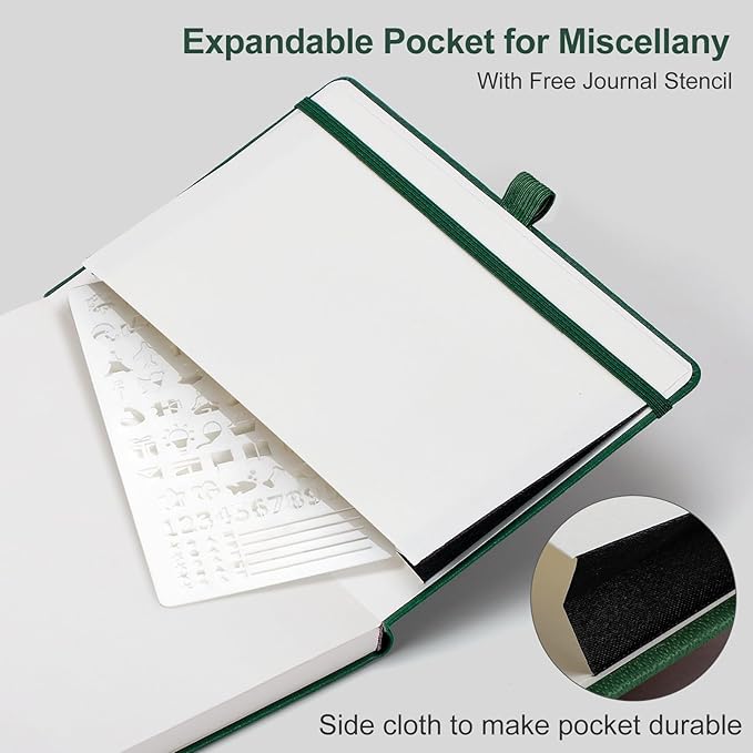 AHGXG Bullet Dotted Journal - 150 GSM Dot Grid Notebook Journal, Thick Acid-Free Paper, A5 Dotted Notebook 128 Pages, Leather Hardcover, Inner Pocket, Journal Stencil, 5.7'' × 8.3'' - Green-DeskLoop Office